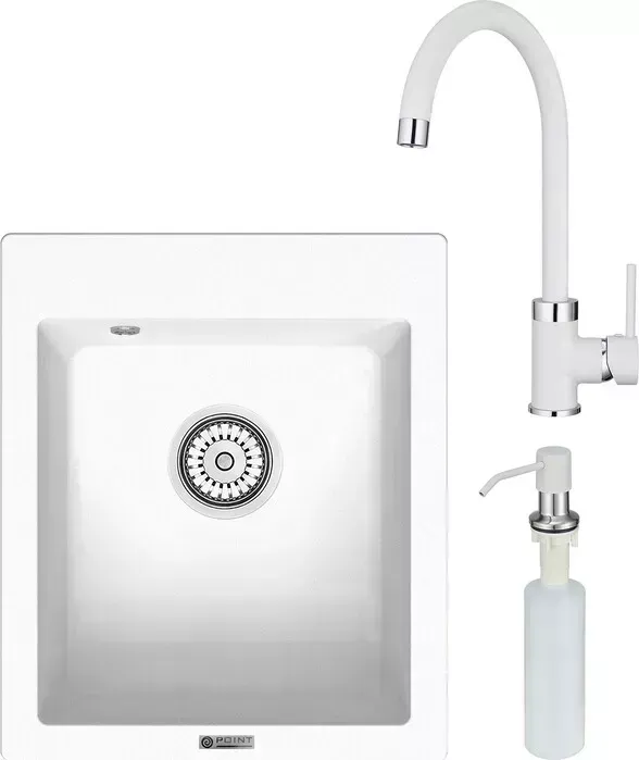 Мойка кухонная и смеситель Point и Динара 42 с дозатором, белая (PN3004W, PN3101W, PN3201W) и 42 с