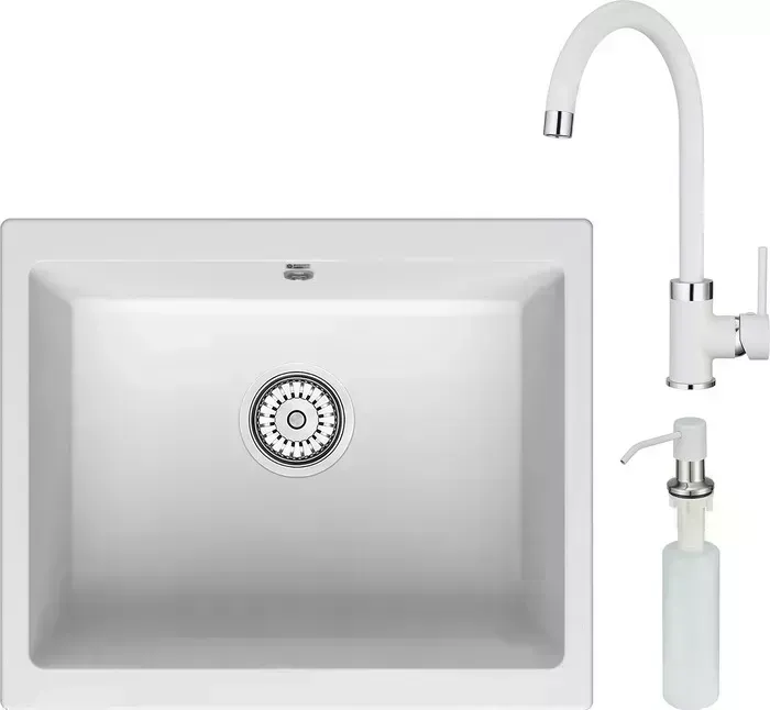 Мойка кухонная и смеситель Point и Сидли 55 с дозатором, белая (PN3007W, PN3101W, PN3201W) и 55 с