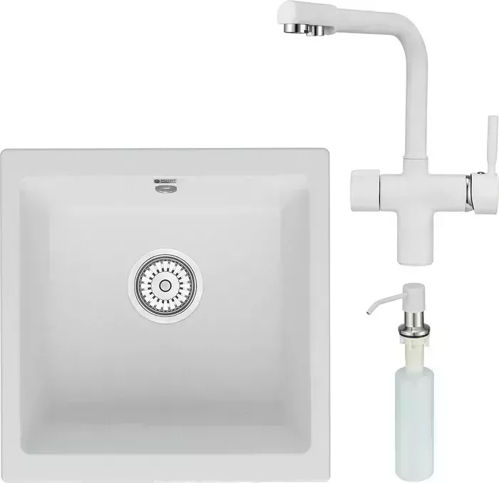 Мойка кухонная и смеситель Point и смеситель Бату 45 с дозатором, белая (PN3008W, PN3104W, PN3201W) и 45 с