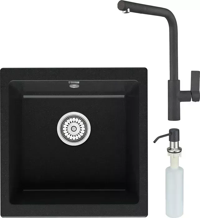 Мойка кухонная и смеситель Point и Бату 45 с дозатором, черная (PN3008B, PN3102B, PN3201B) и 45 с