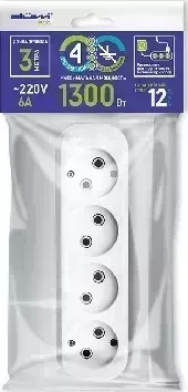 Удлинитель DUWI (28617 2) 4 гн. х 3,0 м - белый без заземления 2) 4 х м -