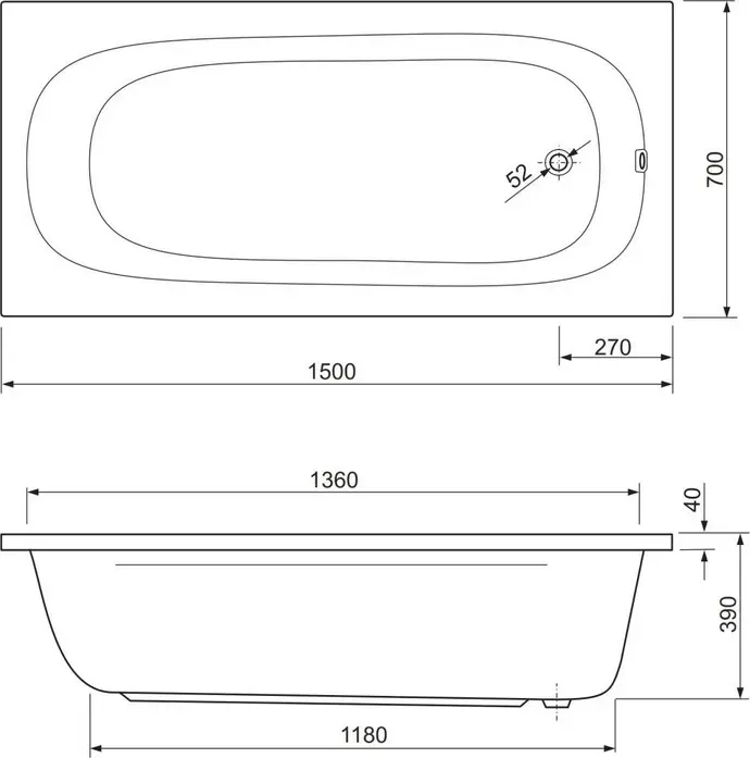 Акриловая ванна CEZARES Piave 150х70 (PIAVE-150-70-42-W37)