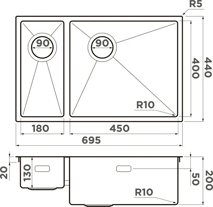 Мойка кухонная OMOIKIRI Taki 69-2-U/IF-IN-L Side нержавеющая сталь (4997049)