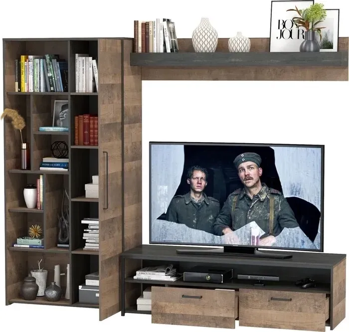 Комплект мебели Моби Трувор 13.70 тумба под ТВ + 13.206 шкаф-стеллаж + 15.60 полка дуб гранж песочный/интра