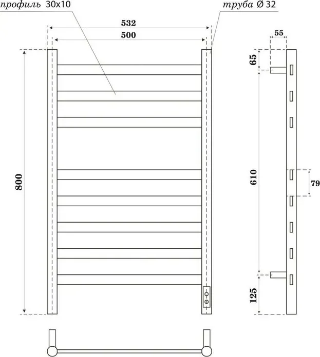 Полотенцесушитель электрический Point Селена П8 500x800 диммер справа, белый (PN16858W)