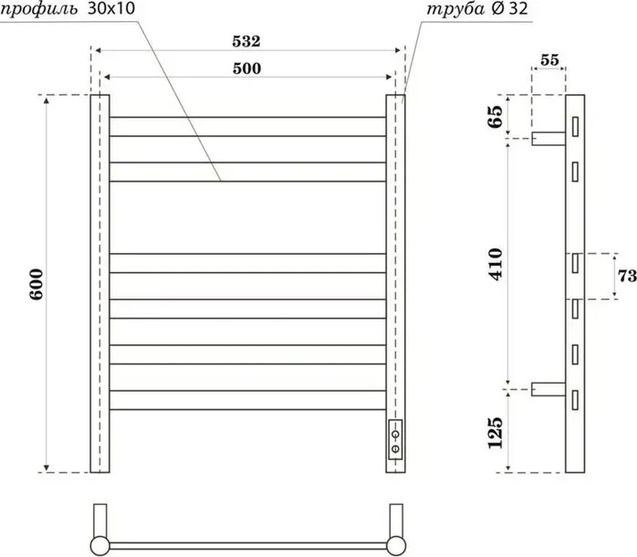 Полотенцесушитель электрический Point Селена П6 500x600 диммер справа, графит премиум (PN16856GR)