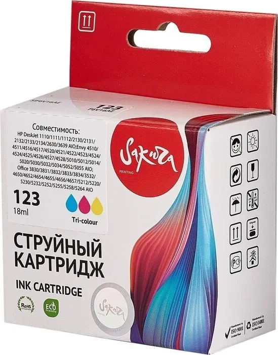 Картридж Sakura F6V16AE (№123 Tri-colour) для HP, триколор, 18 мл., 330 к.