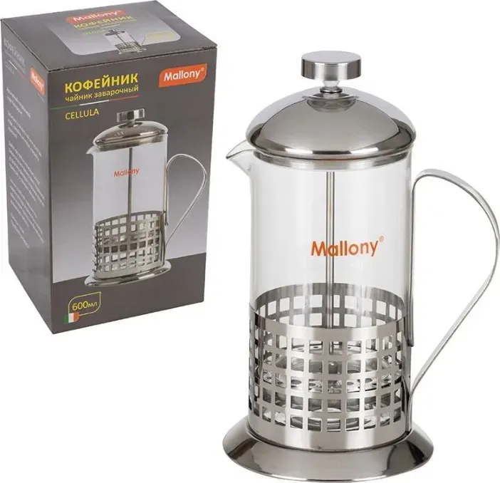 Чайник заварочный MALLONY /кофейник (кофе-пресс) CELLULA, 600 мл, из жаропр стекла, в корпусе из нерж стали, B511-600ML (950138)
