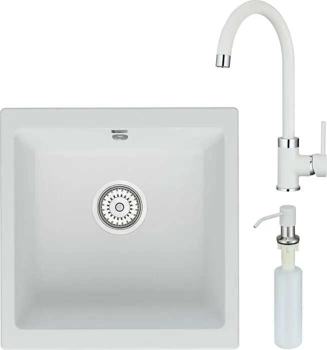 Мойка кухонная и смеситель Point и Бату 45 с дозатором, белая (PN3008W, PN3101W, PN3201W) и 45 с