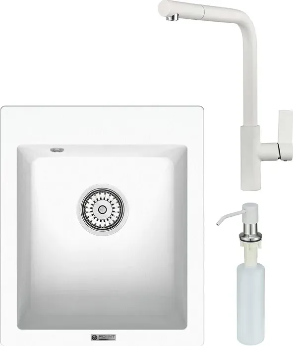 Мойка кухонная и смеситель Point и Динара 42 с дозатором, белая (PN3004W, PN3102W, PN3201W) и 42 с