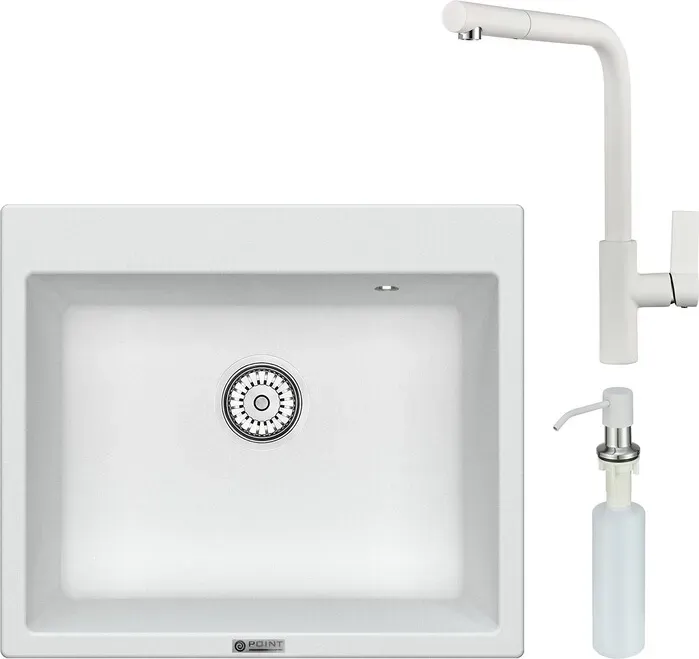 Мойка кухонная и смеситель Point и Бинга 60 с дозатором, белая (PN3003W, PN3102W, PN3201W) и 60 с