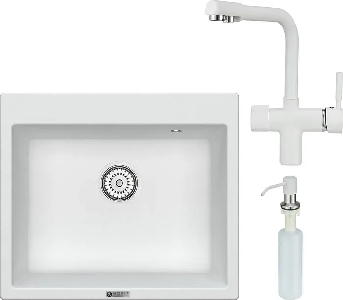 Мойка кухонная и смеситель Point и Бинга 60 с дозатором, белая (PN3003W, PN3104W, PN3201W) и 60 с