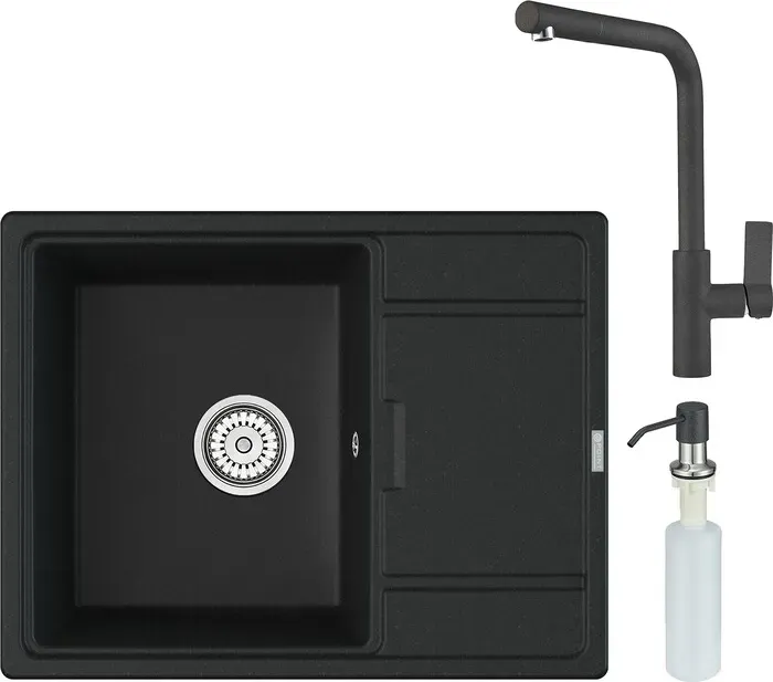 Мойка кухонная и смеситель Point и Стил 65 с дозатором, черная (PN3009B, PN3102B, PN3201B) и 65 с