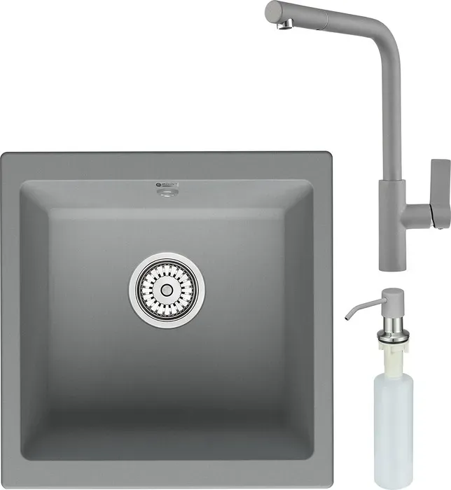 Мойка кухонная и смеситель Point и Бату 45 с дозатором, серая (PN3008AL, PN3102AL, PN3201AL) и 45 с