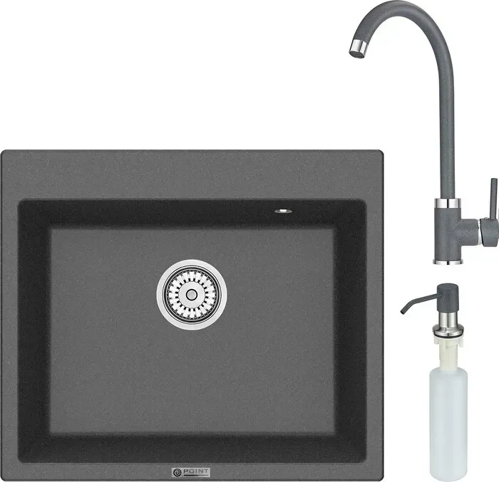 Мойка кухонная и смеситель Point и Бинга 60 с дозатором, графит (PN3003GR, PN3101GR, PN3201GR) и 60 с