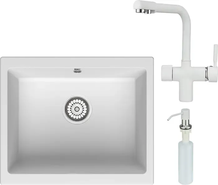 Мойка кухонная и смеситель Point и Сидли 55 с дозатором, белая (PN3007W, PN3104W, PN3201W) и 55 с