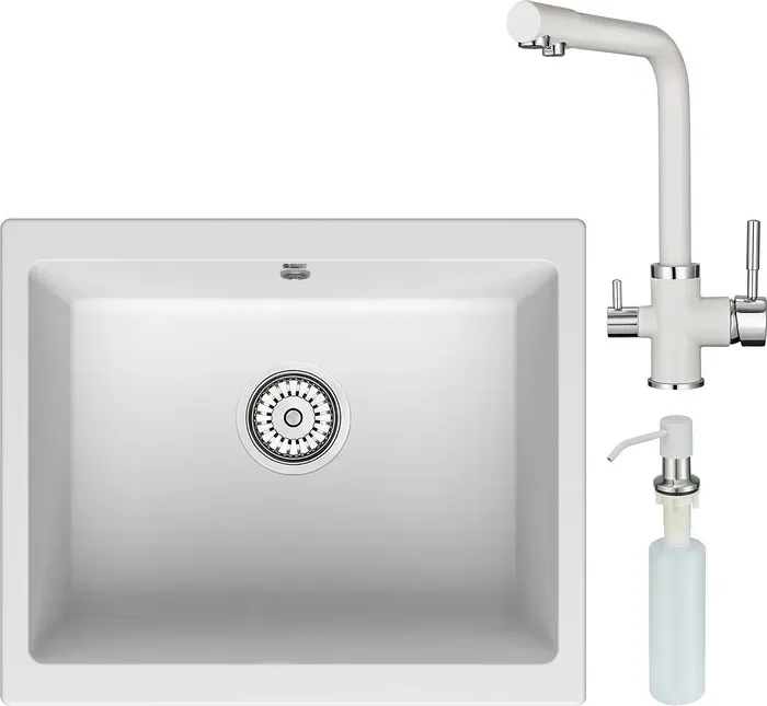 Мойка кухонная и смеситель Point и Сидли 55 с дозатором, белая (PN3007W, PN3103W, PN3201W) и 55 с