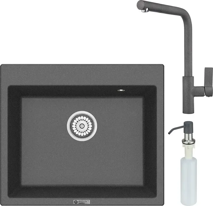Мойка кухонная и смеситель Point и Бинга 60 с дозатором, графит (PN3003GR, PN3102GR, PN3201GR) и 60 с