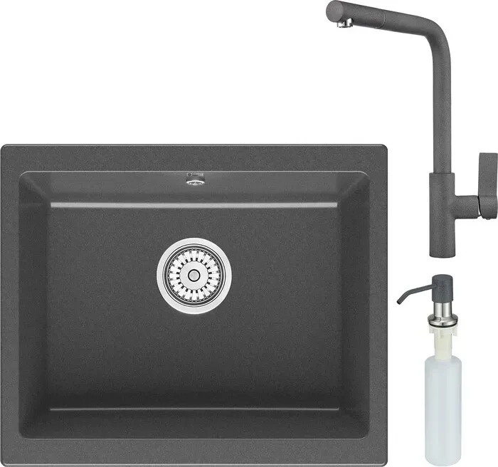 Мойка кухонная и смеситель Point и Сидли 55 с дозатором, графит (PN3007GR, PN3102GR, PN3201GR) и 55 с