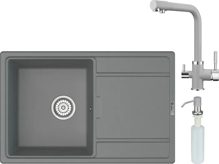 Мойка кухонная и смеситель Point и Лаура 78 с дозатором, серая (PN3005AL, PN3103AL, PN3201AL) и 78 с