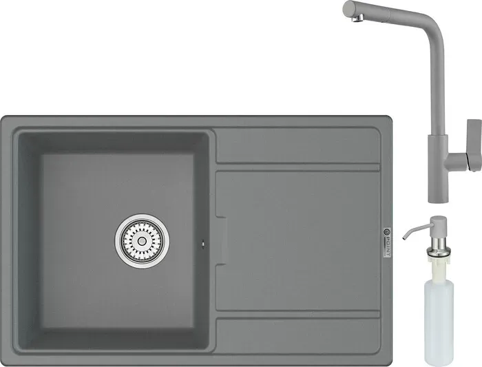 Мойка кухонная и смеситель Point и Лаура 78 с дозатором, серая (PN3005AL, PN3102AL, PN3201AL) и 78 с