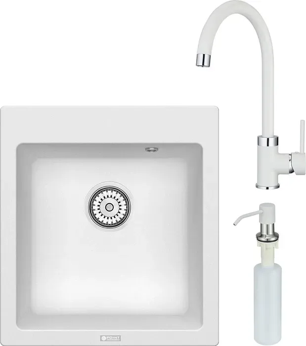 Мойка кухонная и смеситель Point и Моко 47 с дозатором, белая (PN3006W, PN3101W, PN3201W) и 47 с