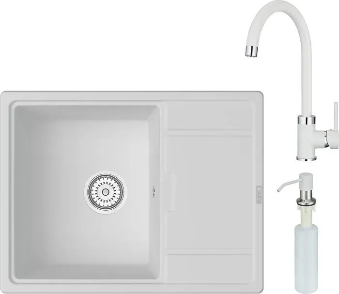 Мойка кухонная и смеситель Point и Стил 65 с дозатором, белая (PN3009W, PN3101W, PN3201W) и 65 с