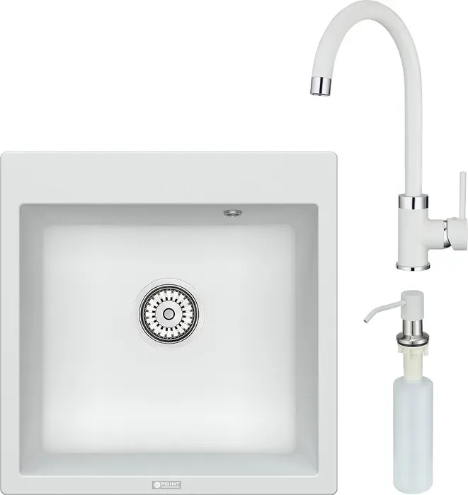 Мойка кухонная и смеситель Point и Арбель 51 с дозатором, белая (PN3001W, PN3101W, PN3201W) и 51 с