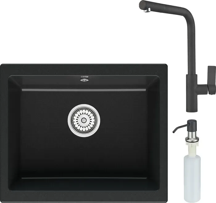 Мойка кухонная и смеситель Point и Сидли 55 с дозатором, черная (PN3007B, PN3102B, PN3201B) и 55 с