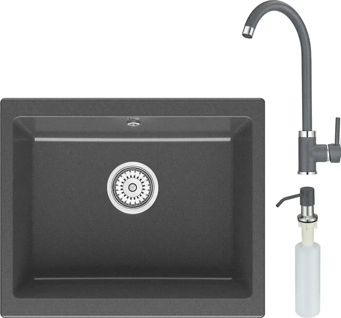 Мойка кухонная и смеситель Point и Сидли 55 с дозатором, графит (PN3007GR, PN3101GR, PN3201GR) и 55 с