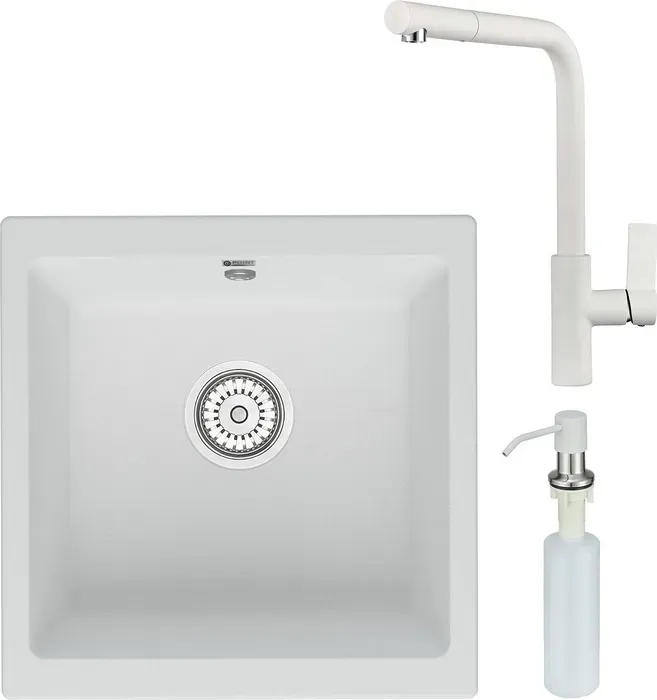 Мойка кухонная и смеситель Point и Бату 45 с дозатором, белая (PN3008W, PN3102W, PN3201W) и 45 с