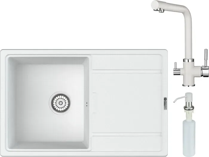 Мойка кухонная и смеситель Point и Лаура 78 с дозатором, белая (PN3005W, PN3103W, PN3201W) и 78 с