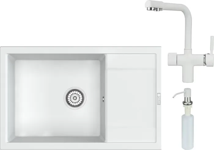 Мойка кухонная и смеситель Point и смеситель Велета 78 с дозатором, белая (PN3002W, PN3104W, PN3201W) и 78 с