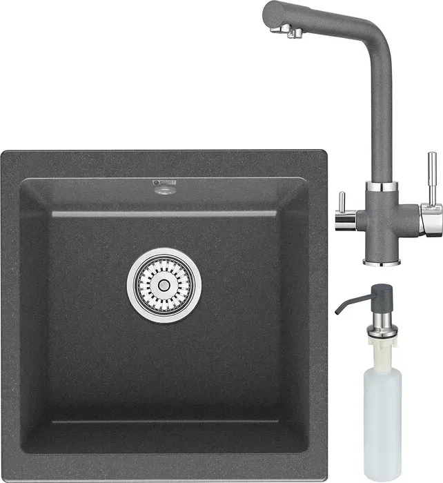 Мойка кухонная и смеситель Point и Бату 45 с дозатором, графит (PN3008GR, PN3103GR, PN3201GR) и 45 с