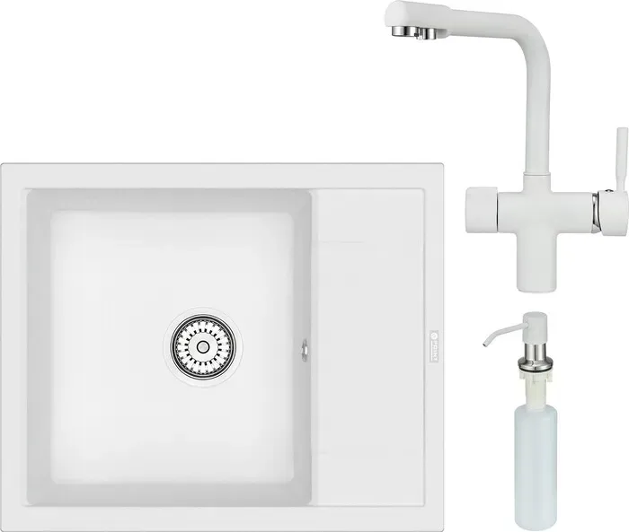Мойка кухонная и смеситель Point и Римо 60 с дозатором, белая (PN3010W, PN3104W, PN3201W) и 60 с