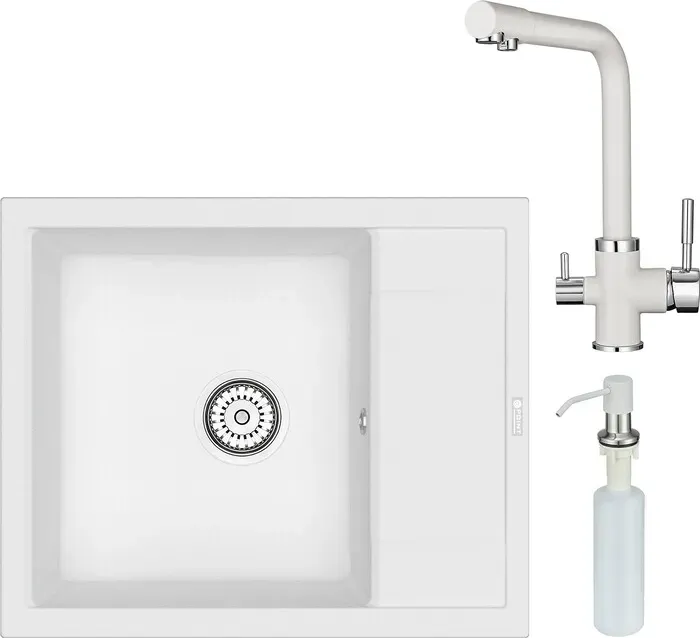 Мойка кухонная и смеситель Point и Римо 60 с дозатором, белая (PN3010W, PN3103W, PN3201W) и 60 с