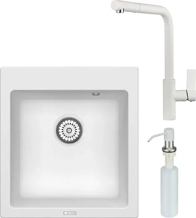 Мойка кухонная и смеситель Point и Моко 47 с дозатором, белая (PN3006W, PN3102W, PN3201W) и 47 с