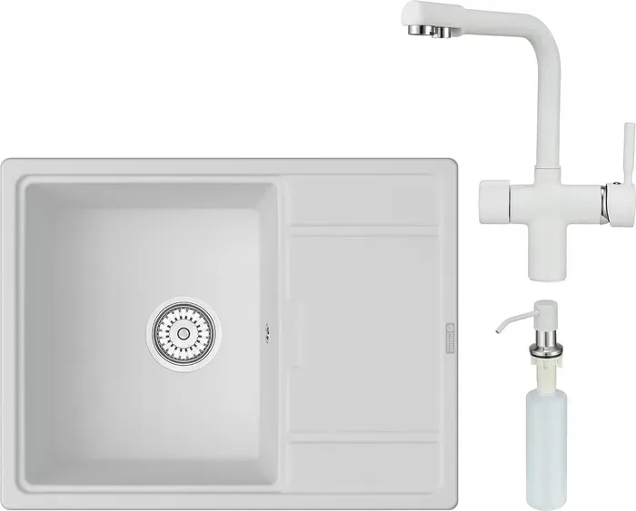 Мойка кухонная и смеситель Point и Стил 65 с дозатором, белая (PN3009W, PN3104W, PN3201W) и 65 с