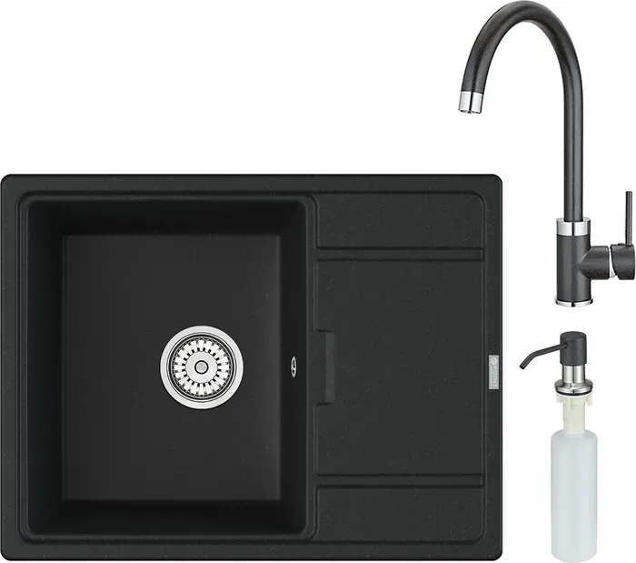 Мойка кухонная и смеситель Point и Стил 65 с дозатором, черная (PN3009B, PN3101B, PN3201B) и 65 с