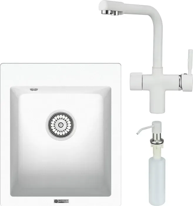 Мойка кухонная и смеситель Point и Динара 42 с дозатором, белая (PN3004W, PN3104W, PN3201W) и 42 с