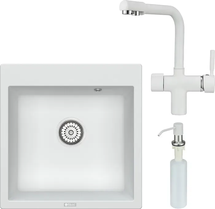 Мойка кухонная и смеситель Point и Арбель 51 с дозатором, белая (PN3001W, PN3104W, PN3201W) и 51 с