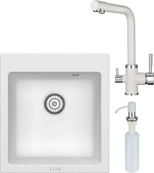 Мойка кухонная и смеситель Point и Моко 47 с дозатором, белая (PN3006W, PN3103W, PN3201W) и 47 с