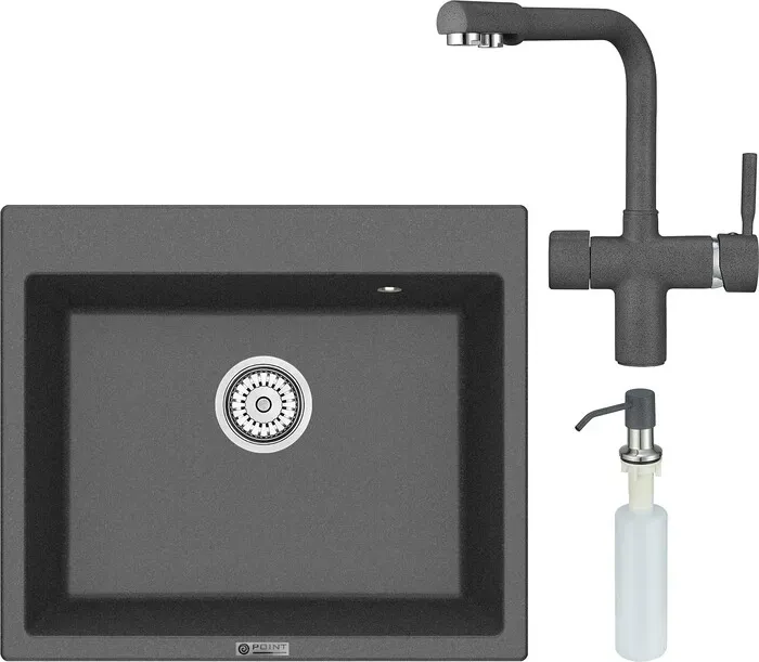 Мойка кухонная и смеситель Point и Бинга 60 с дозатором, графит (PN3003GR, PN3104GR, PN3201GR) и 60 с