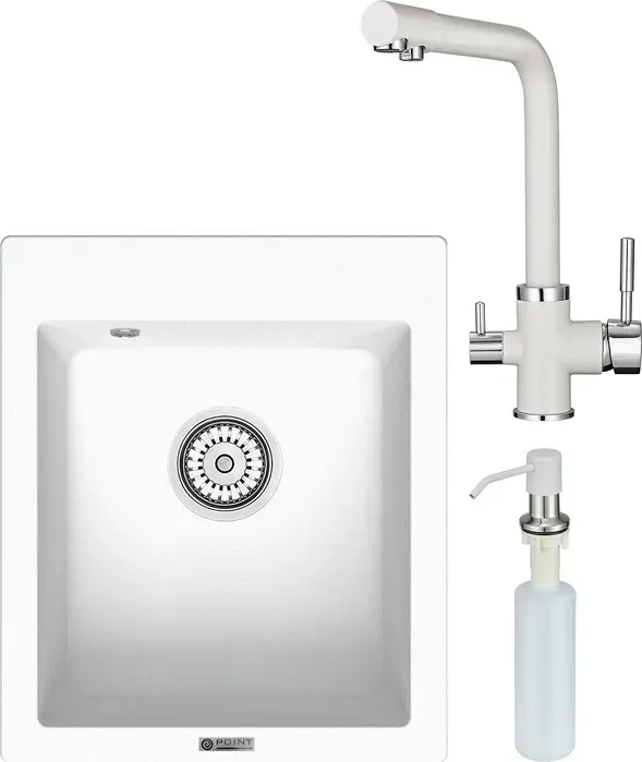 Мойка кухонная и смеситель Point и Динара 42 с дозатором, белая (PN3004W, PN3103W, PN3201W) и 42 с
