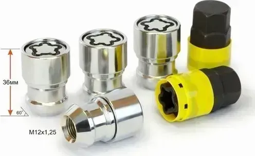 Секретки SAVE CAR гайка19/21 12х1,25 L36 конус, тройной никель-хром, вращ. кольцо, два ключа УТ000008944 [] //R