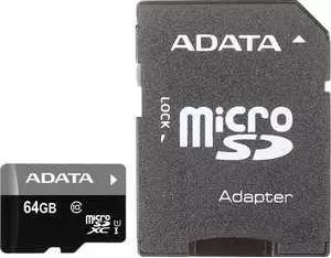 Карта памяти A-DATA 64GBPremier microSDXC Class 10 UHS-I U1 (SD адаптер) (AUSDX64GUICL10-RA1)