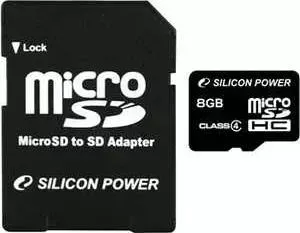 SD карта SILICON POWER microSDHC 8Gb Class 4 + adapter (SP008GBSTH004V10-SP)