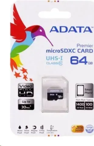 Карта памяти A-DATA 64GB MicroSDXC Premier Class10 UHS-I U1 + адаптер (AUSDX64GUICL10-RA1)