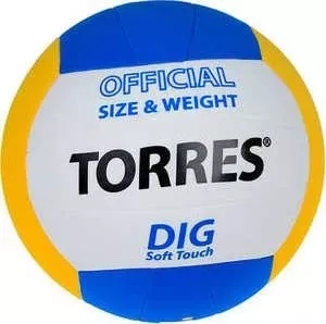 Мяч волейбольный TORRES любительский Dig" арт. V20145, размер 5,бел-жел-син