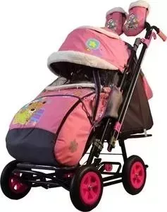 Санки-коляска GALAXY SNOW City-2-1 Мишка со звездой на розовом на больших надувных колёсах (7089)